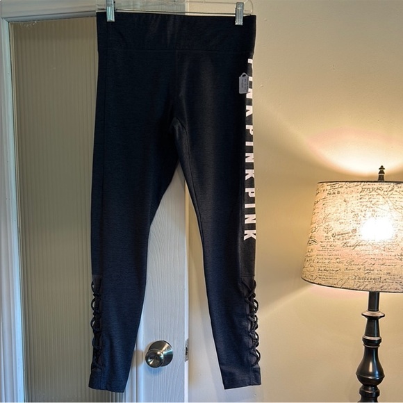 PINK Victoria's Secret Pants - #C186-Box 13 PINK Victoria's Secret Black Leggings with Pink Logo (M)